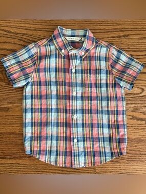 Janie & Jack 3T Boys Button Up Plaid Linen Shirt in Red, Blues & Yellow